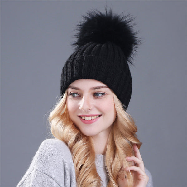 Min and Fox Fur Cap Pom Poms Winter Hat For Women