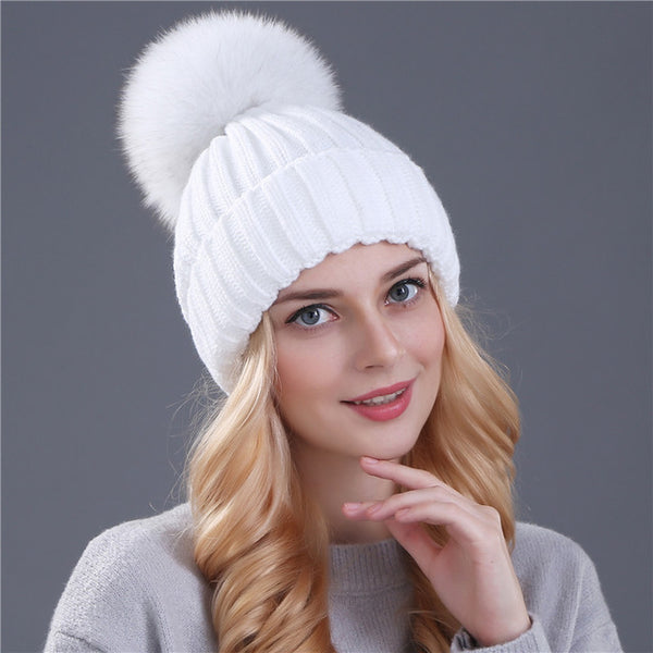 Min and Fox Fur Cap Pom Poms Winter Hat For Women