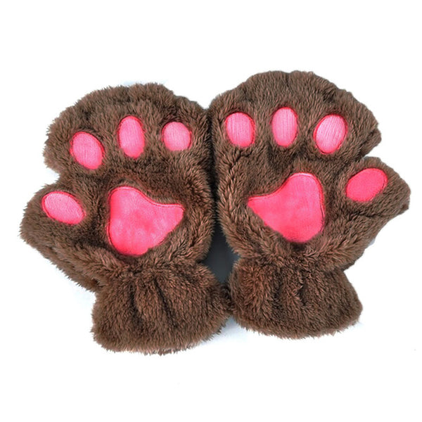 Lovely Women Bear Cat Claw Paw Mitten Plush Gloves Short Finger Half Gloves