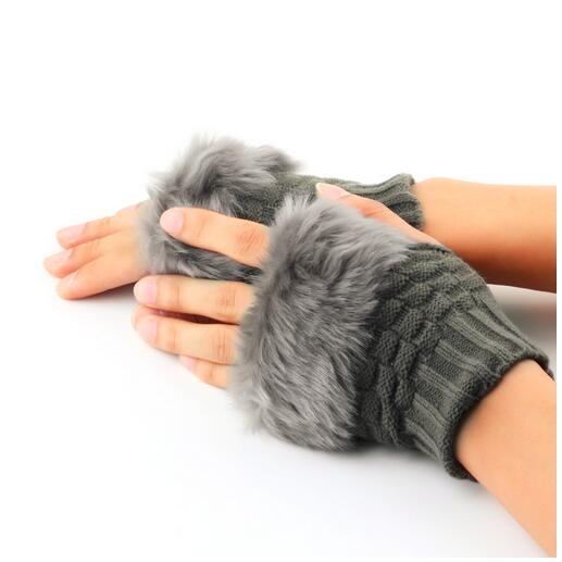 Fingerless Gloves Cute Faux Rabbit Fur Knitted Gloves for Winter