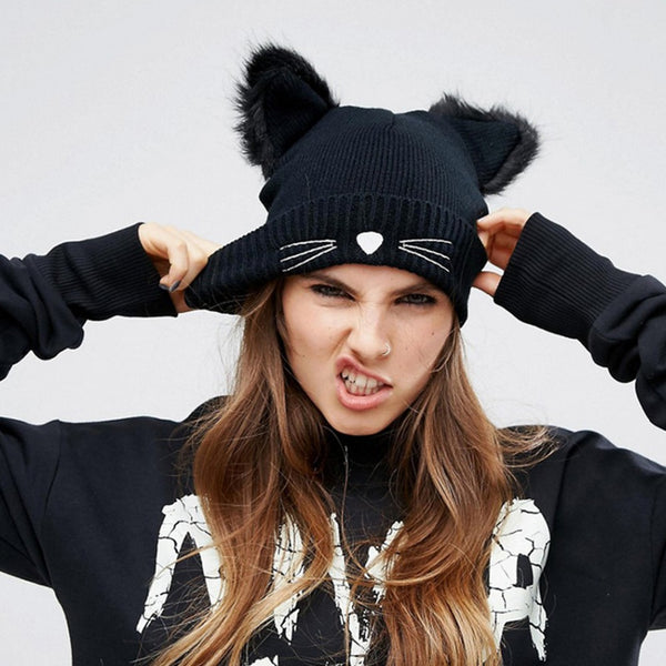 Kitten Woolen Knitting Beanie Devil Horns Cat Ear Crochet Braided for Winter