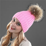 Min and Fox Fur Cap Pom Poms Winter Hat For Women
