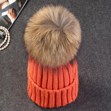 Min and Fox Fur Cap Pom Poms Winter Hat For Women