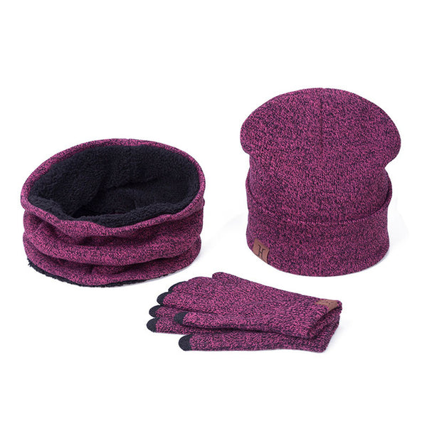 Set - Winter Hat Scarf Glove Cotton Knitted Winter Accessories 3 Pieces Hat Scarf Gloves